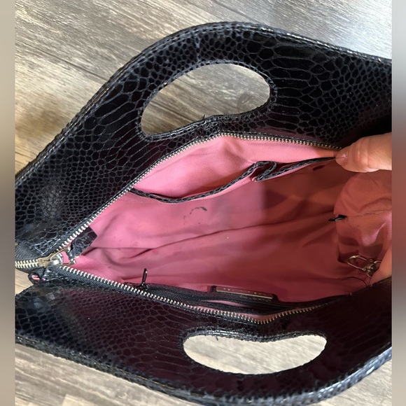 The Limited Black Snakeskin Embossed Clutch Oval Cutout Handle Pleated Front - Picture 2 of 5